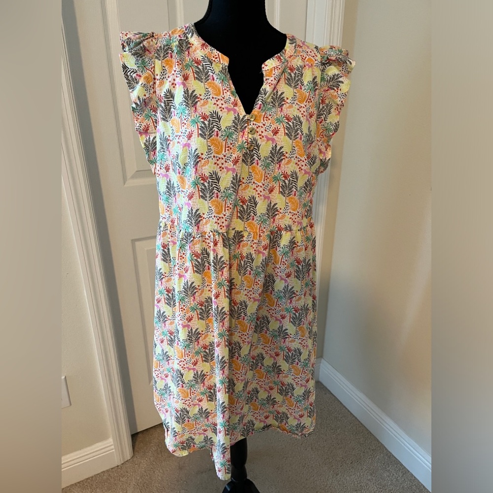 Loft Floral Tropical Print Ruffle Sleeve Dress